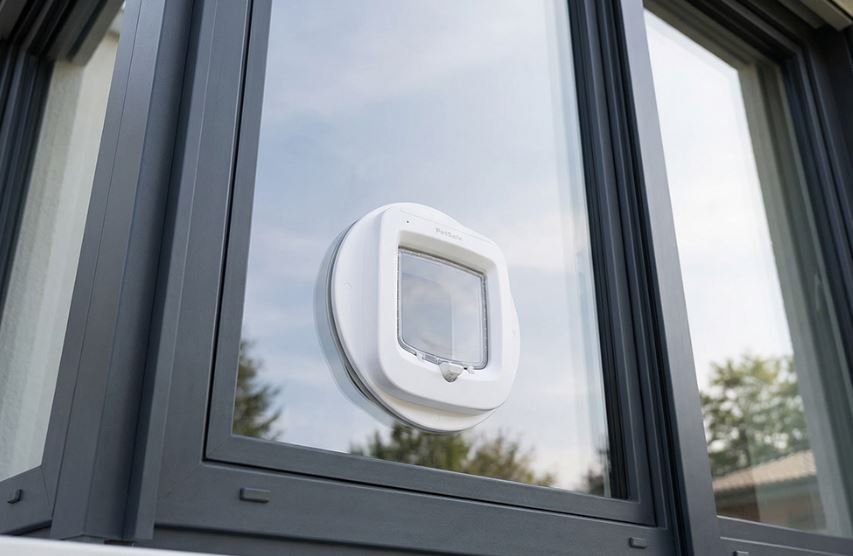 Weiße Mikrochip-Katzenklappe in der Glasscheibe eines anthrazitfarbenen Fensters, Ansicht von außen
